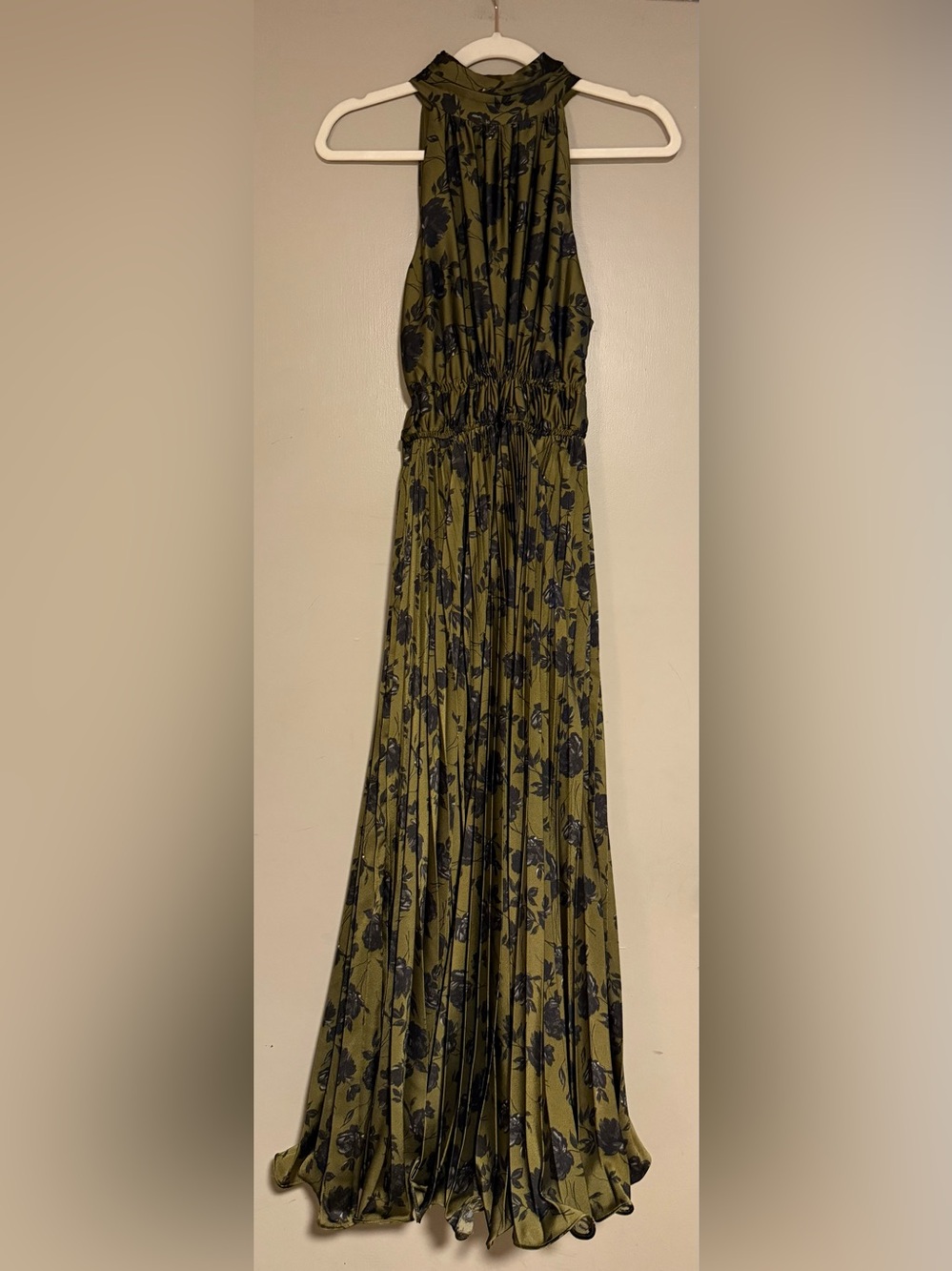 Taylor Olive and Black Floral Pleated Dress